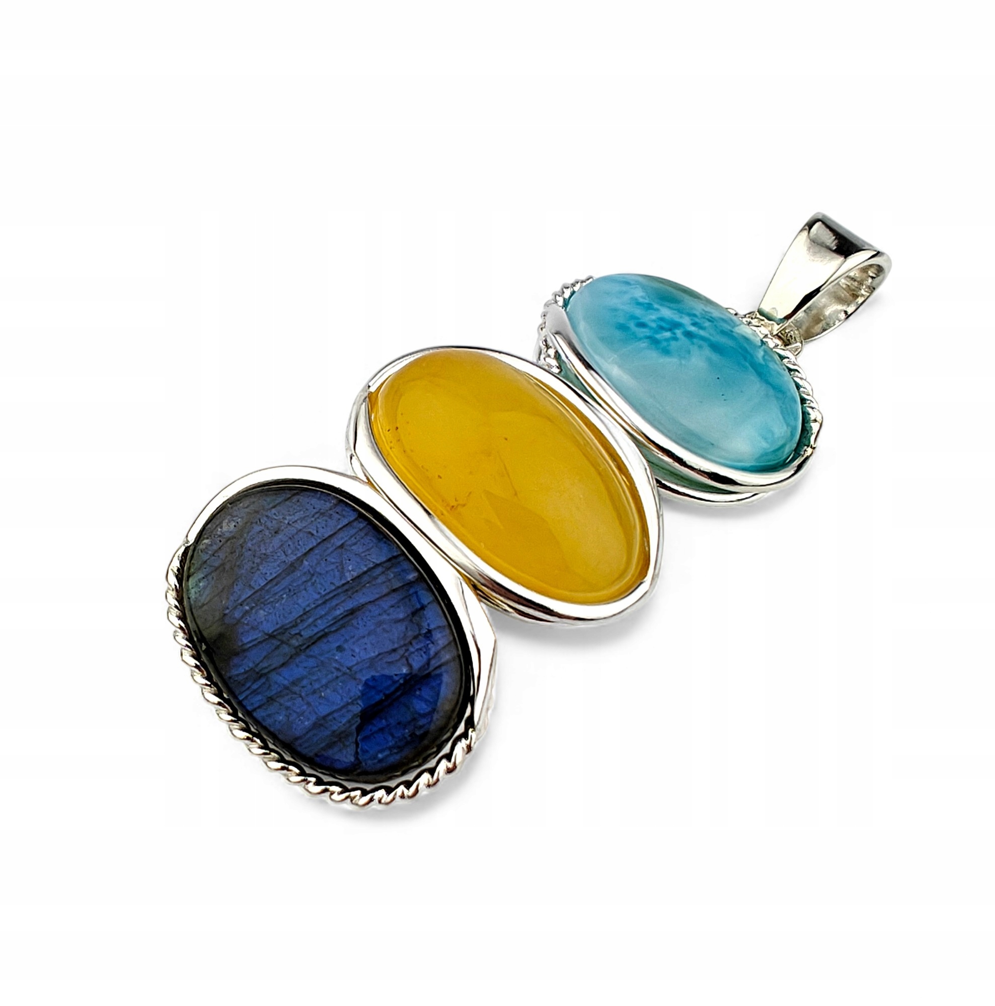 Přívěsek jantarový stříbro larimar modrý labradorit