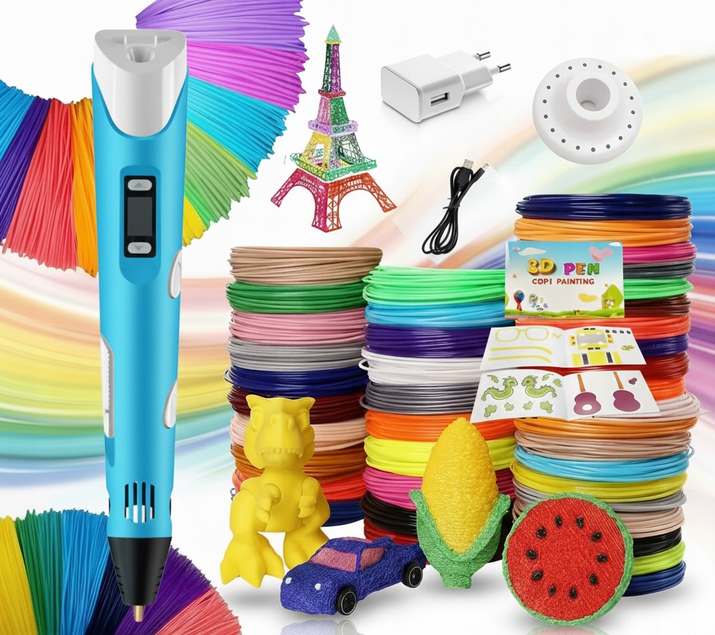 Długopis 3D Drukarka Zestaw XXL Wkłady 210 Metrów Szablony Zasilacz