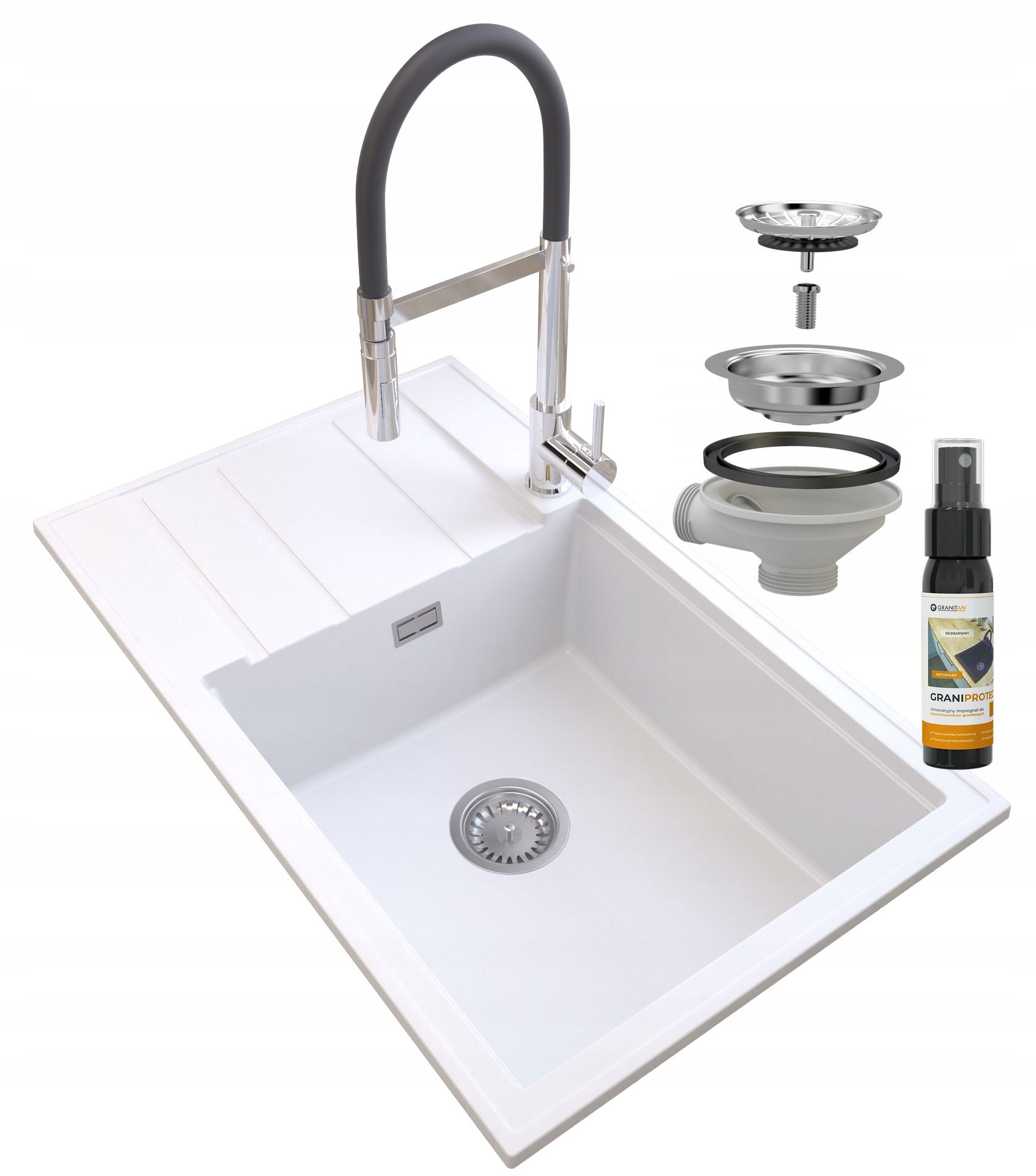 Granitový Drez Biely Louis Sifón Batéria Chróm