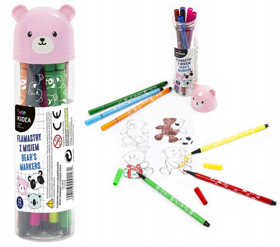 KIDEA FLAMASTRY MAZAKI Z MISIEM 12 kolorów