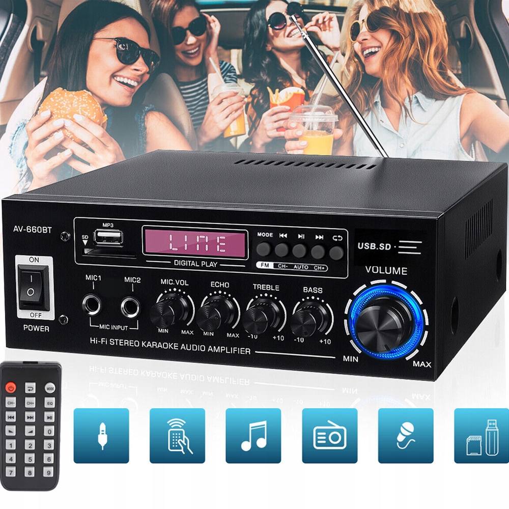 WZMACNIACZ STEREO HIFI KANAŁ 2.0 BLUETOOTH 5.0 Z ANTENĄ Z RADIO FM 40W Marka Bedee
