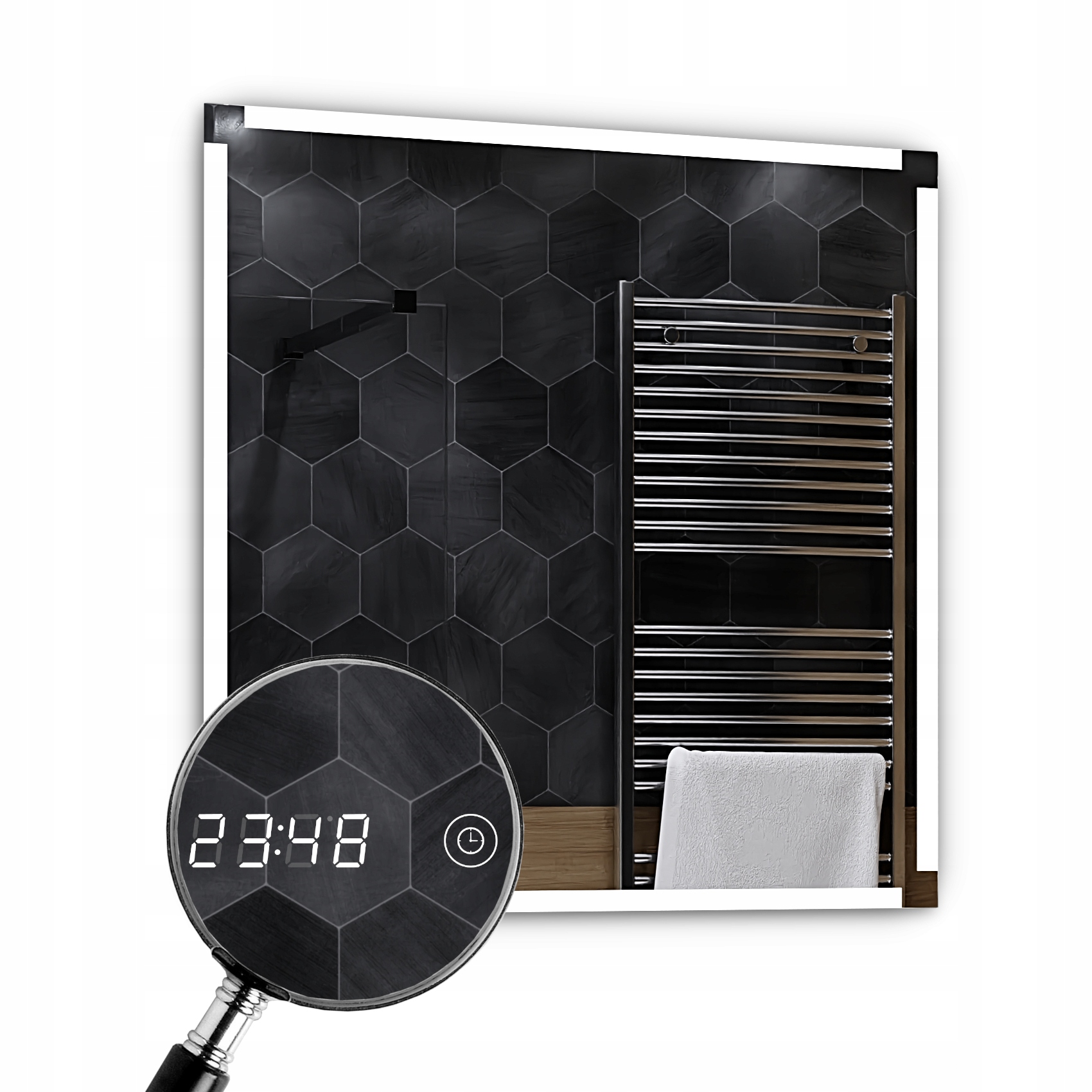 Zrkadlo s Led 60 x 60 cm Riga Dotykové hodinky