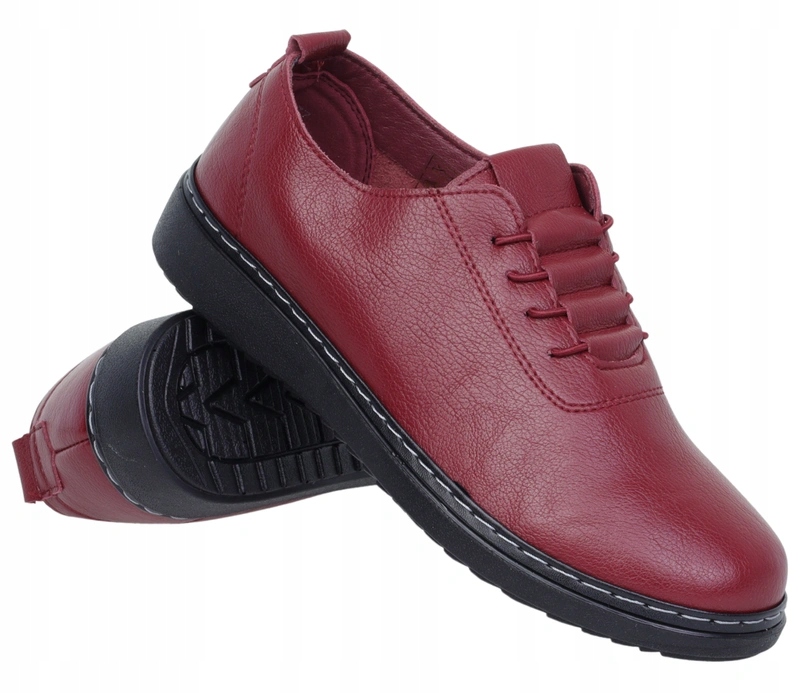 Komfortowe półbuty damskie burgund płaskie lekkie Unisoft