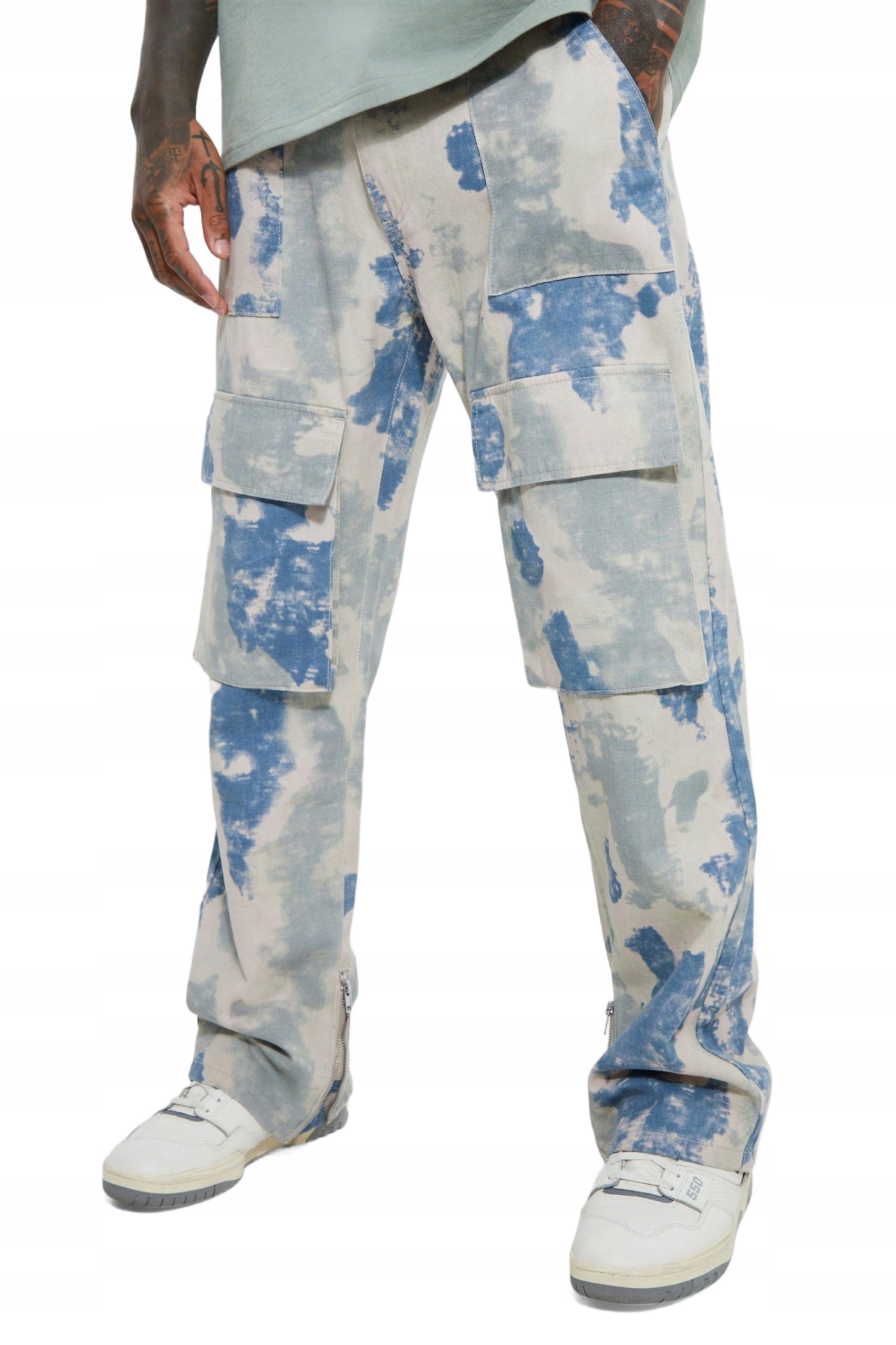 Boohooman Pánské Kalhoty Jednoduché Modré Vzor Tie Dye Se Zipem 32 Z3A