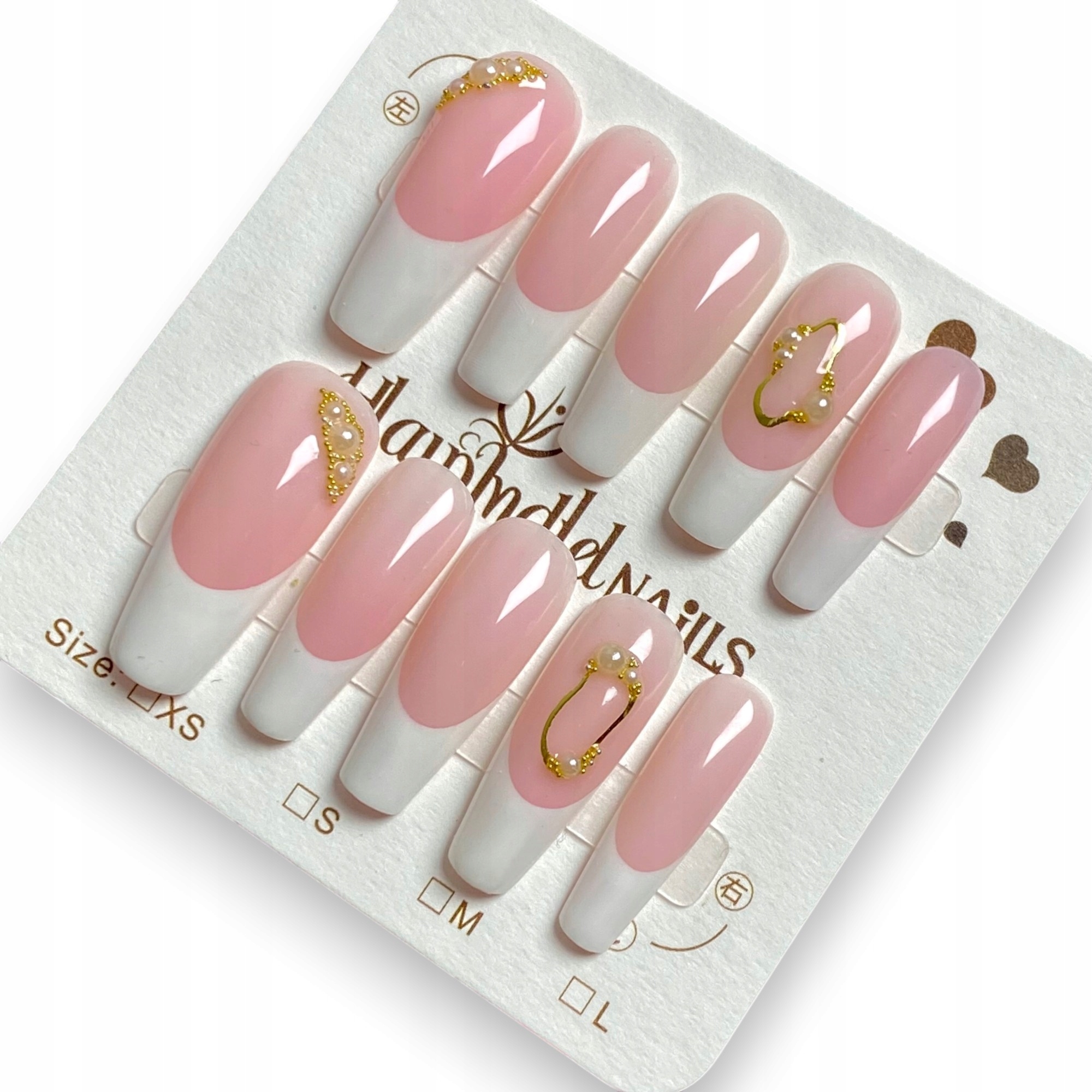 Press On Nails French Manicure Umělé nehty Balerina Hand Made, L
