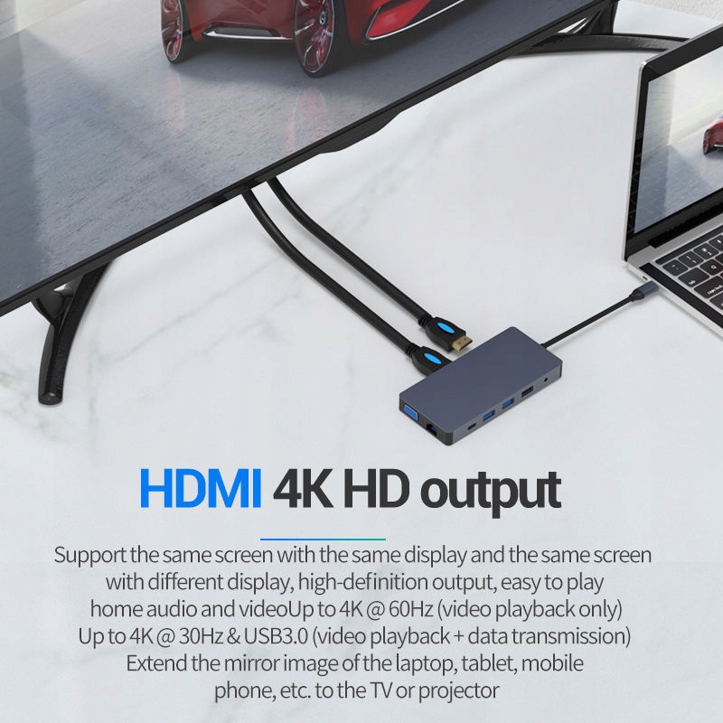 Adapter, HUB, stacja dokująca 12w1 USB-C TB HDMI 4K USB RJ45 VGA SD JACK Stan opakowania oryginalne