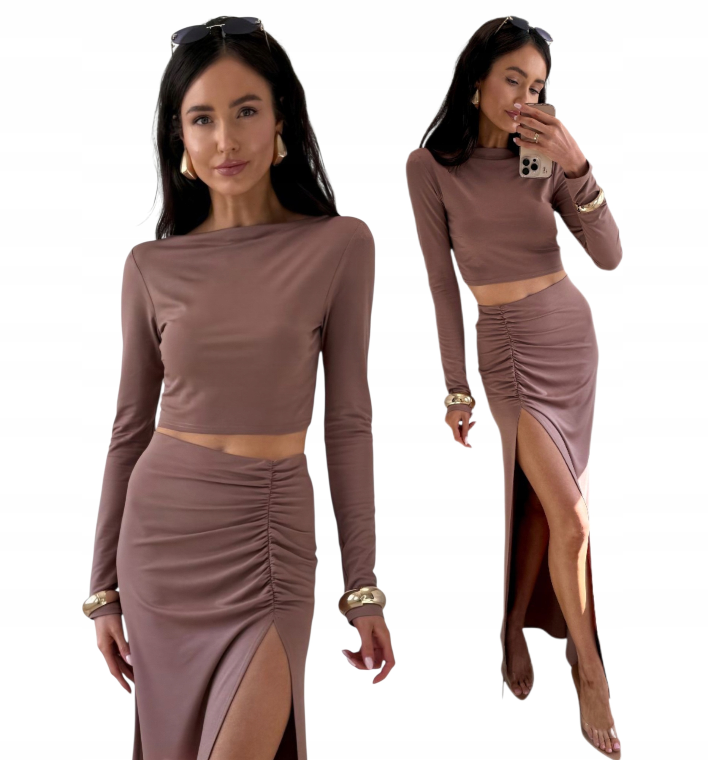 Komplet S Přídavkem Viskózy Sukně Plus Halenka vel. S 36 Cappuccino