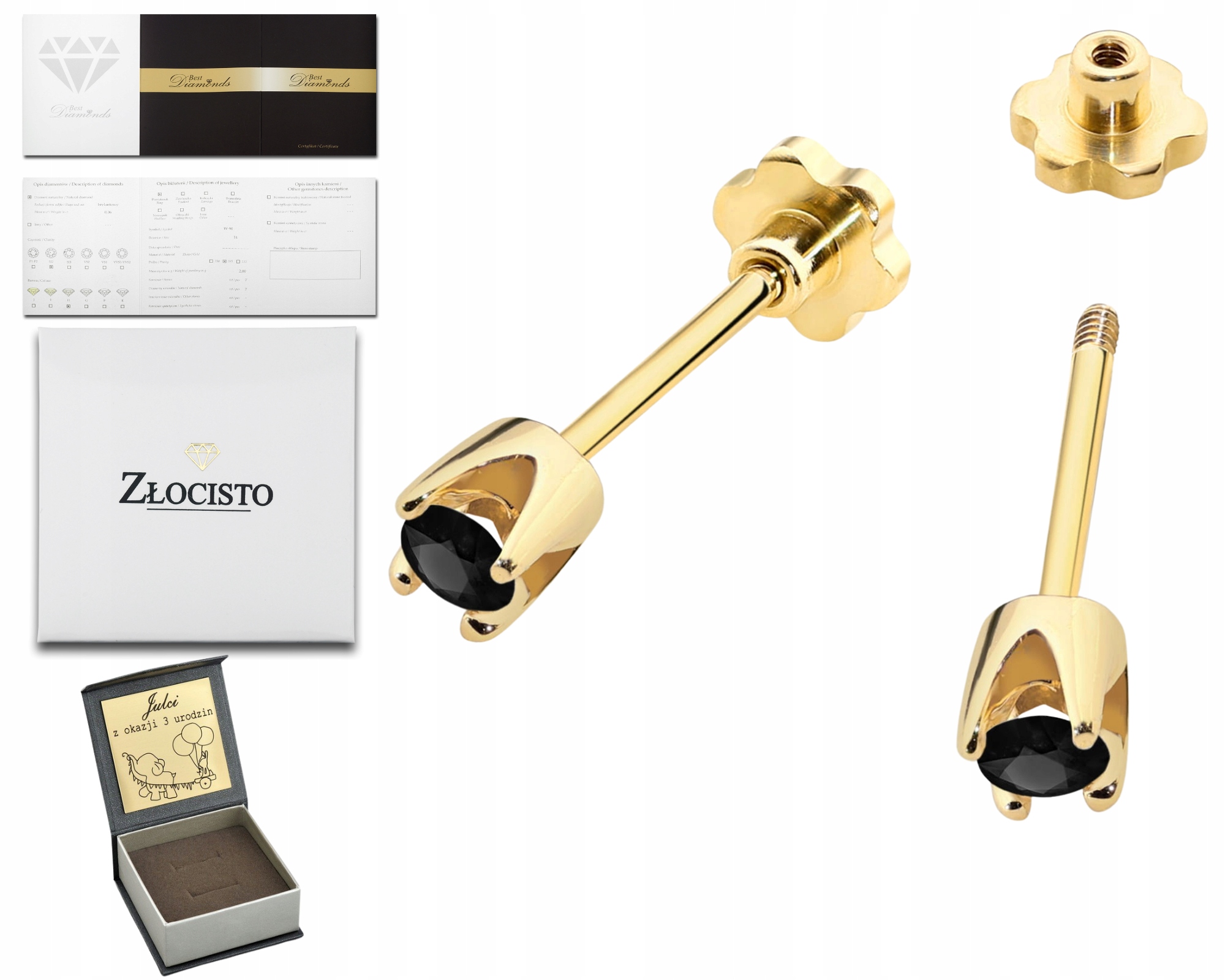 Zlaté Náušnice S Černými Brilianty Puzetové Šroubovací Zlato 585 Jako Dárek