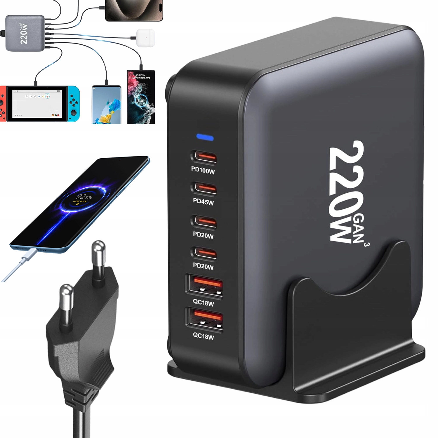 Ładowarka Wieloportowa 220W Usb C Usb A Szybkie Ładowanie Pd Qc