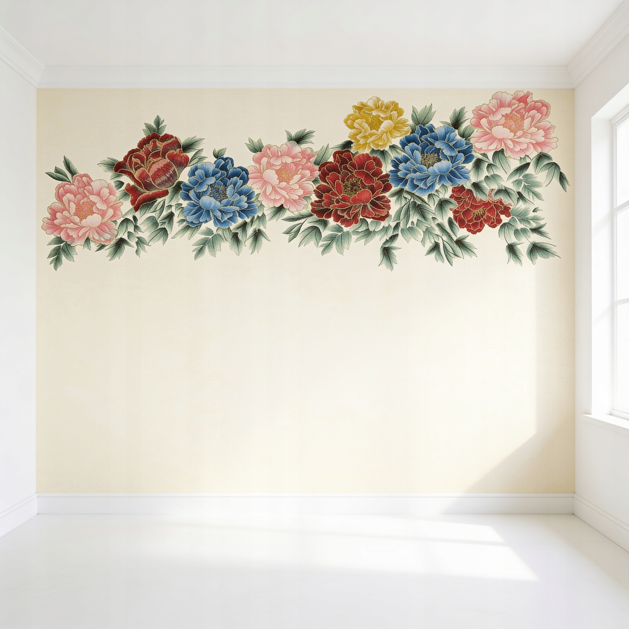 Mural bezszwowy haft 3Dt kanina kremowa kwiaty sypialnia salon 330x290 4-K