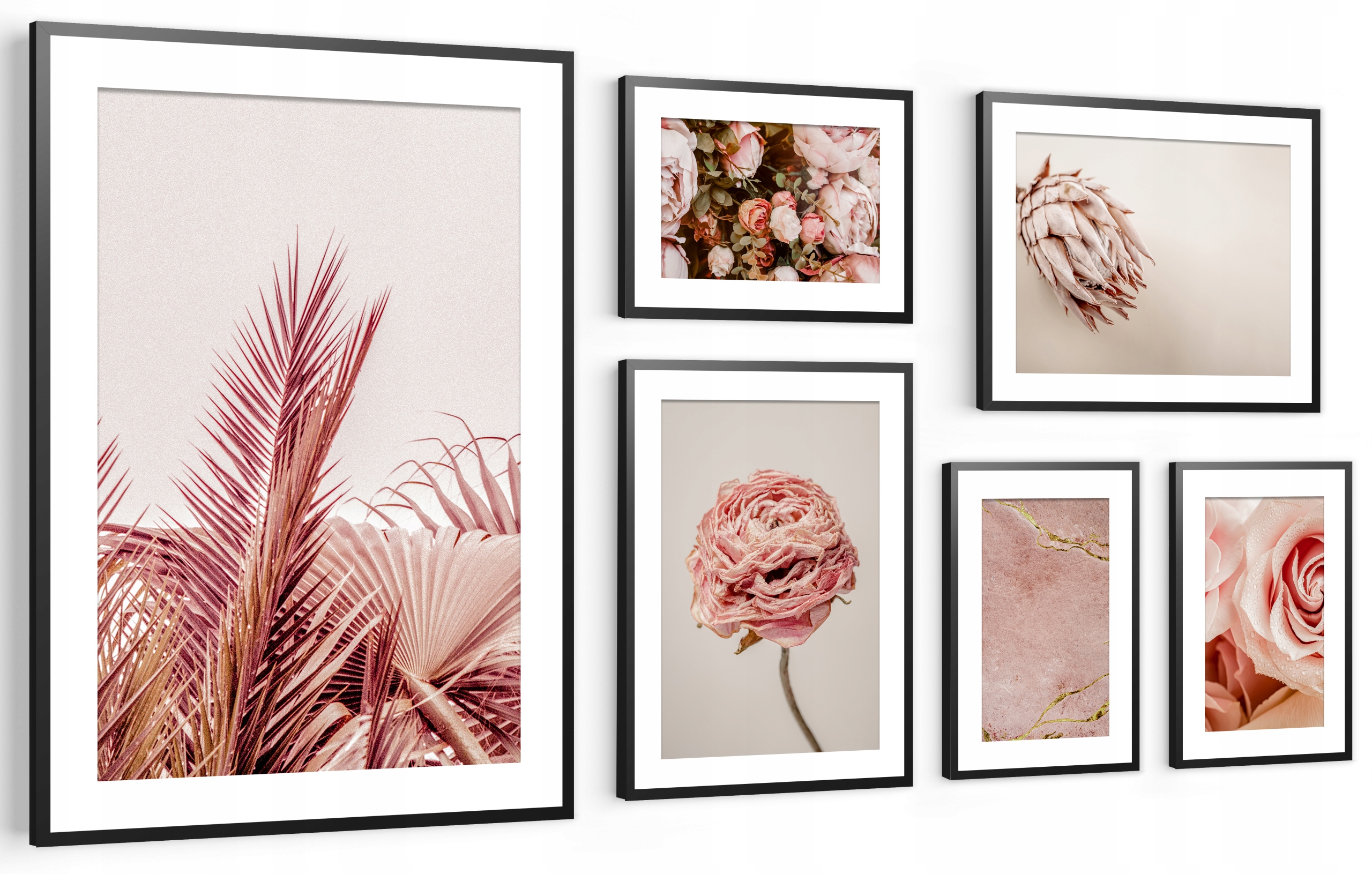 Komplet Obrazov Sada 6ks Plagáty v ráme Ružová do obývačky