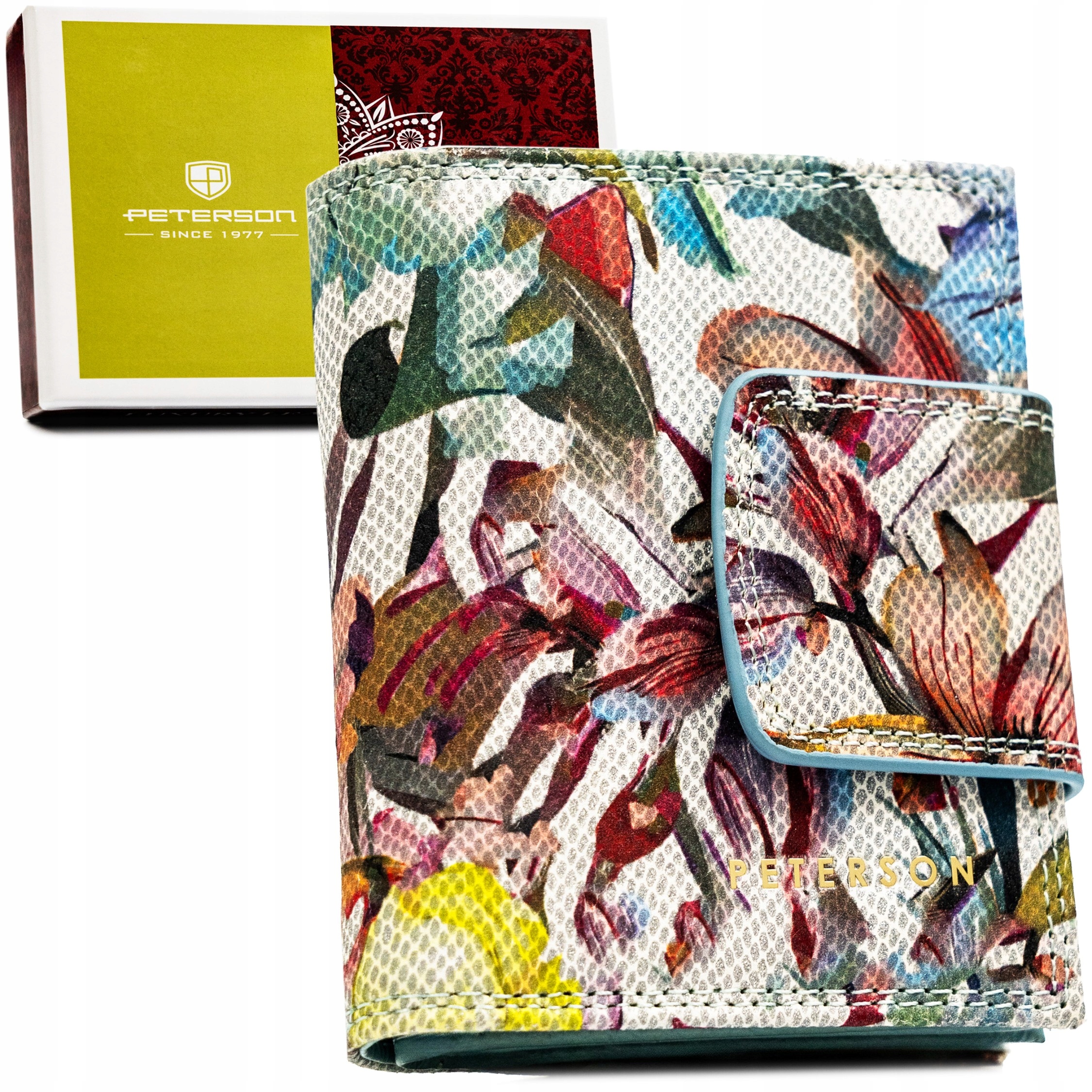 Portfel damski skórzany Peterson Rfid mała portmonetka w kwiaty