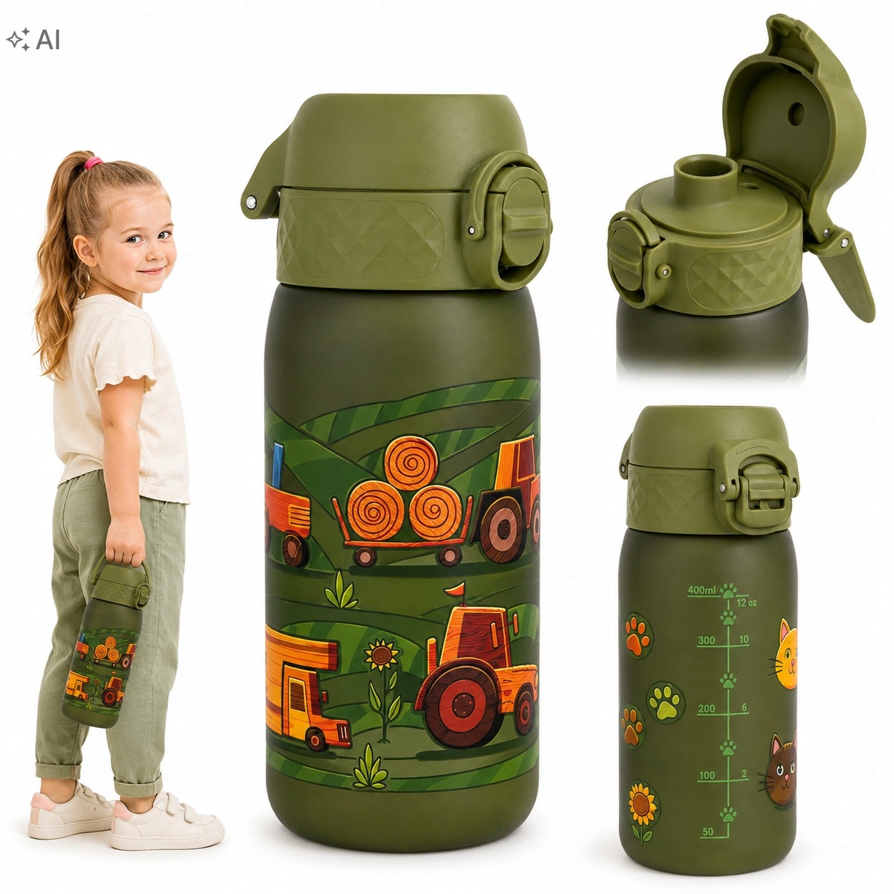 Bidon Na Wodę Dla Dzieci Butelka Sportowa Traktor ION8 Zielony Lekki 350ML