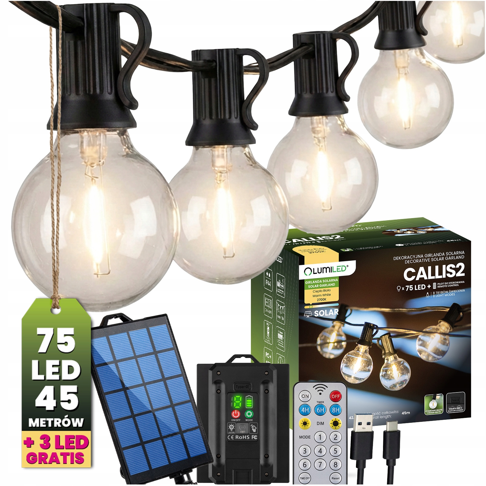 Solární zahradní světelný řetěz 75 Led lampiček na balkon, terasu, 45M, dálkové ovládání