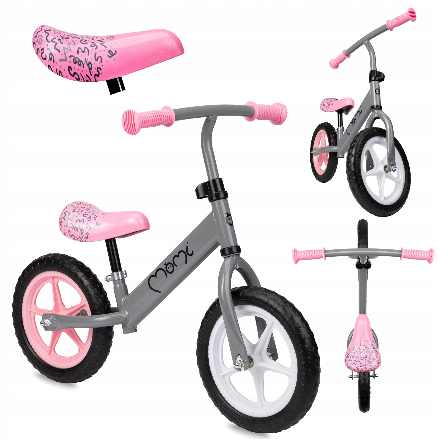 Rowerek Biegowy MoMi Fleet Szary/róż Eva 12"KOŁA Regulacja