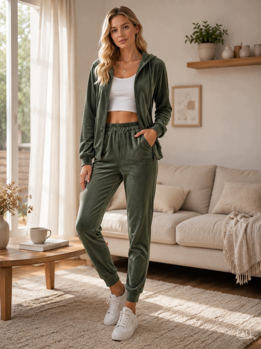Velurová Tepláková Souprava Khaki Mikina Na Zip Kapuce Kalhoty XL