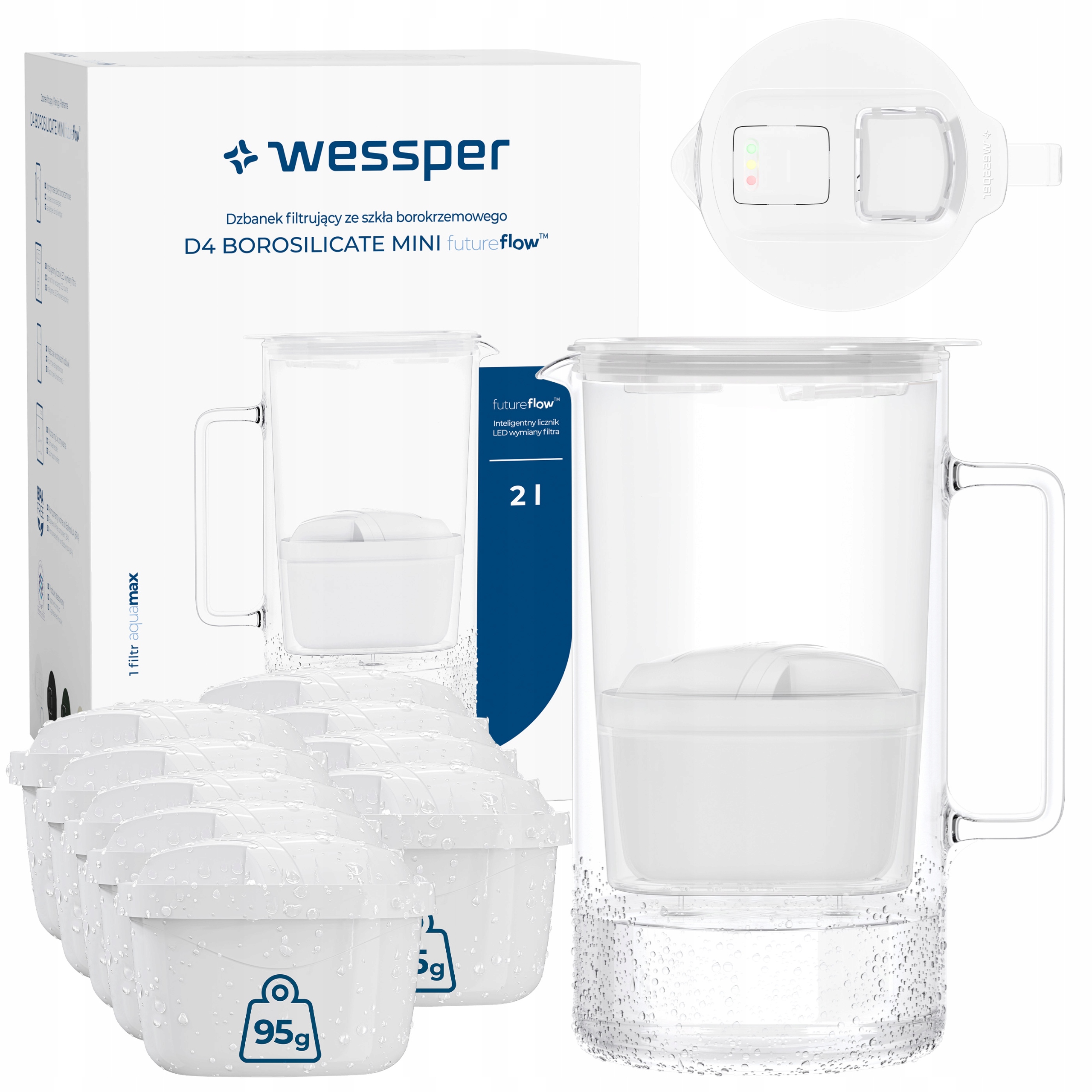 Skleněná filtrační konvice Wessper D4 Borosilicate Mini Led 2 l 10 x filtr