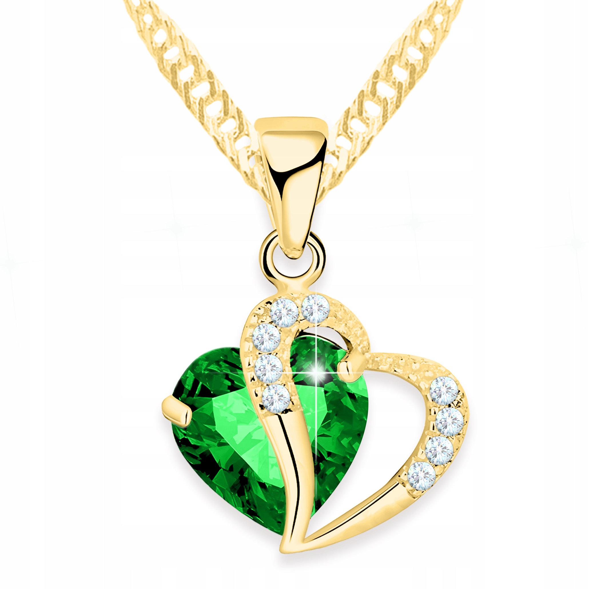 Zlatý náhrdelník s křišťálem Zelené srdíčko s zirkony Stříbro 925