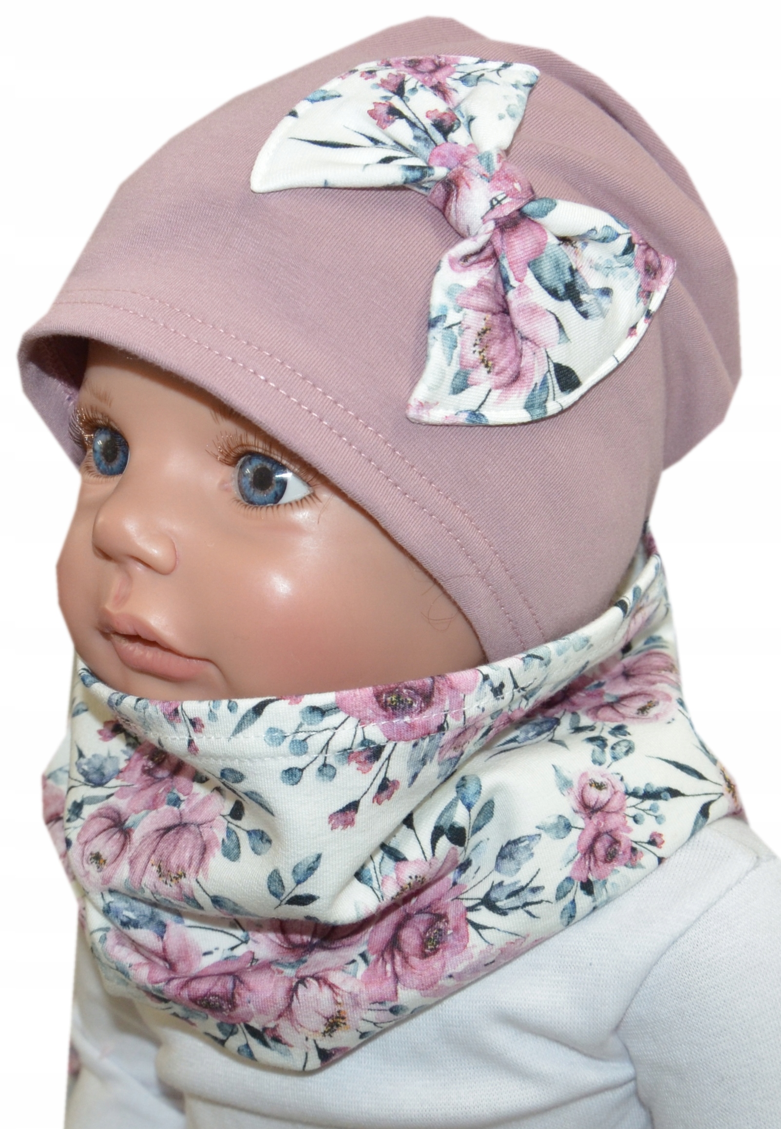 

cienka czapka i komin 48-52cm róż ind bukieciki