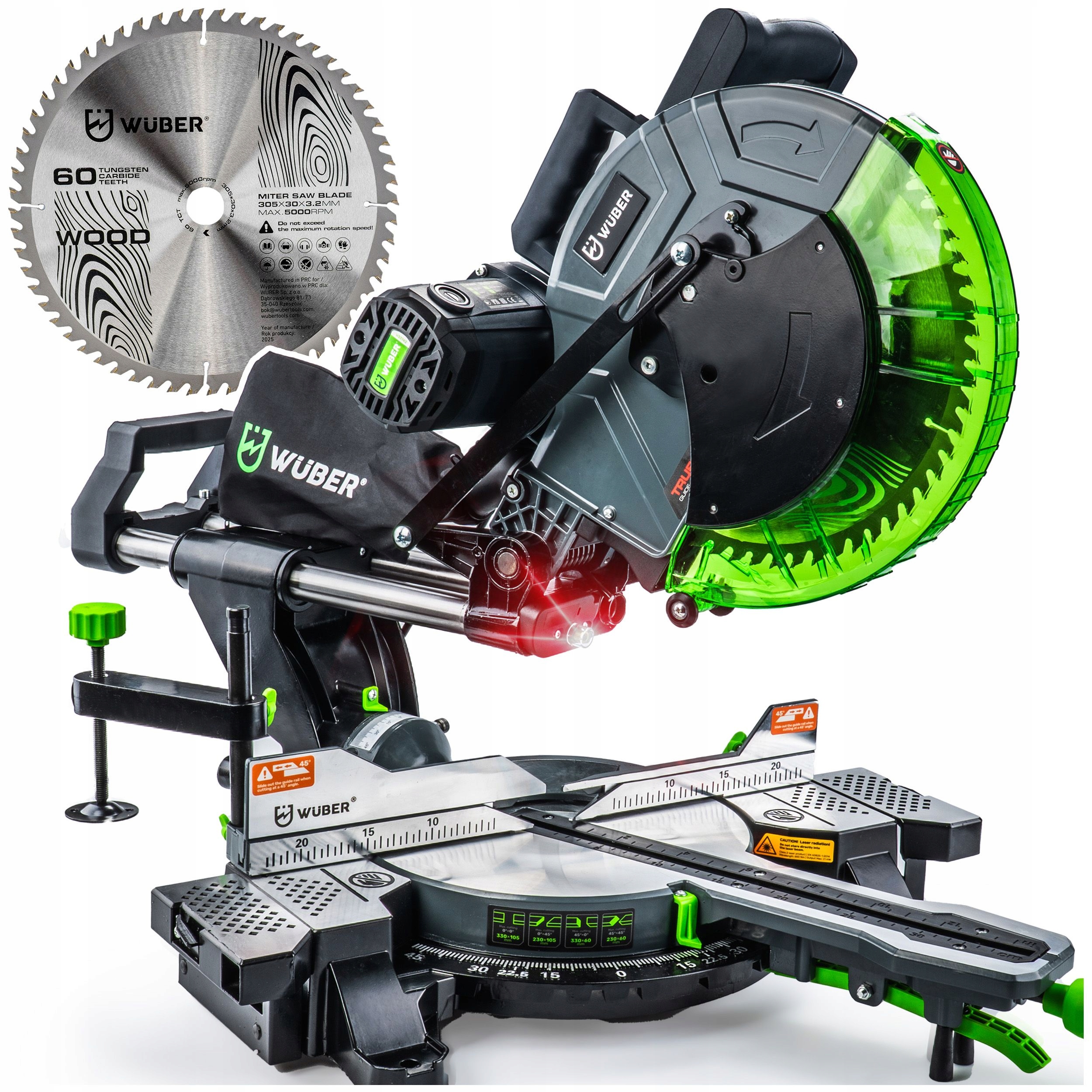 Piła Ukosowa Z Posuwem Ukośnica Do Drewna 2000W Laser Tarcza 305MM 60T
