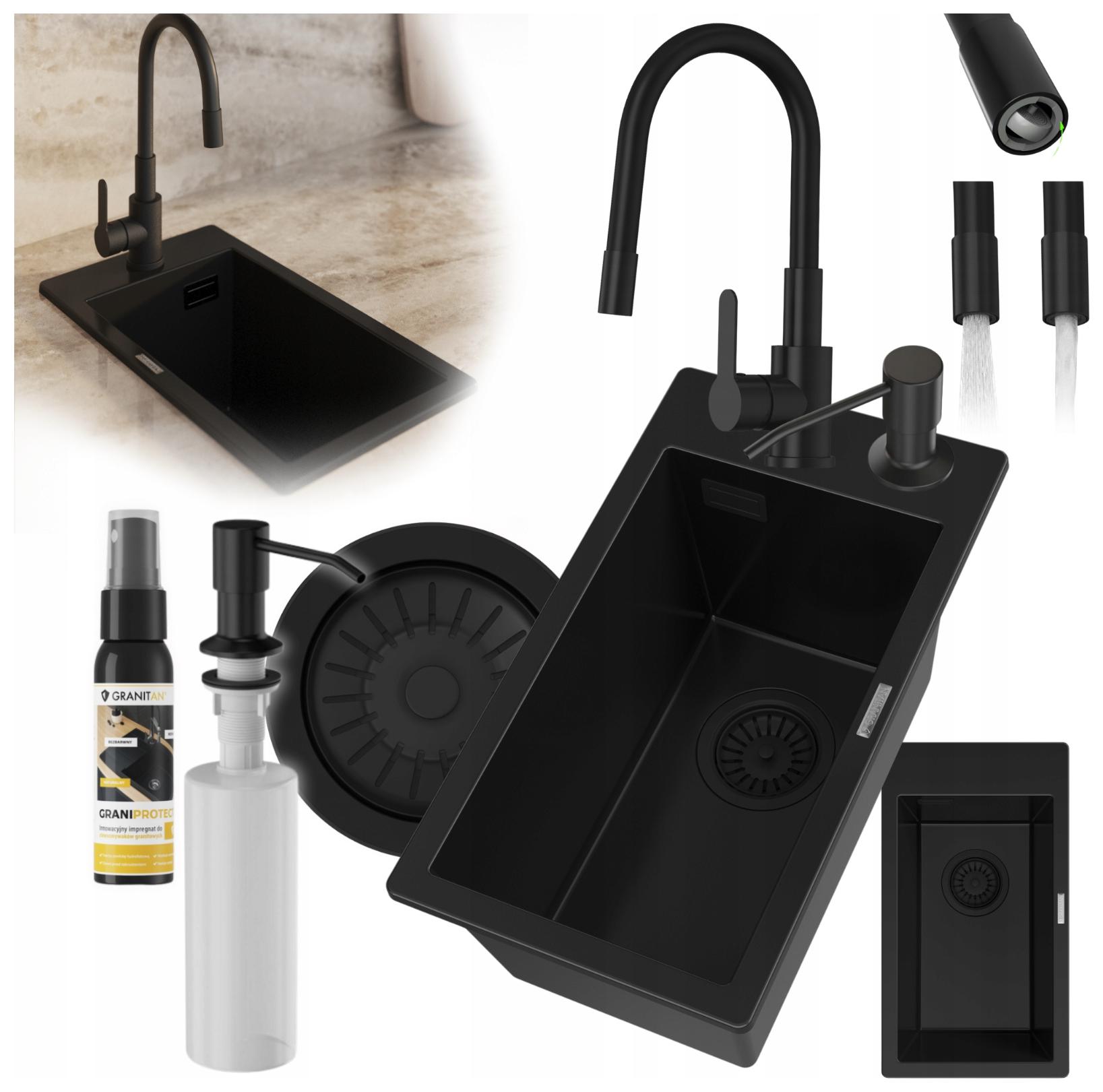 Granitový drez Jednokomorový Solo Set umývadlo batéria sifón dávkovač