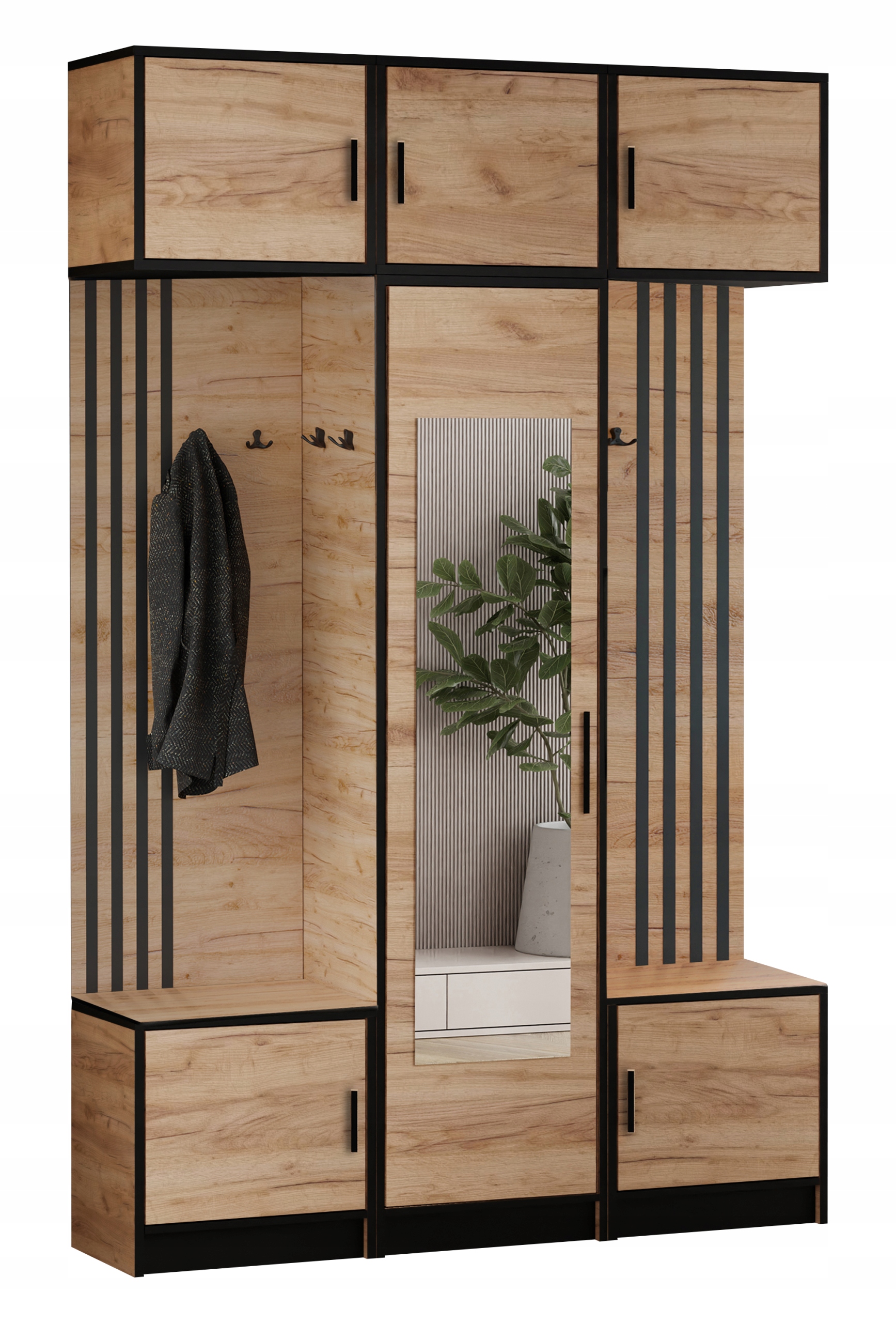 Šatní skříň Dior 16 Dub Craft Zlatý lamelový sedák se zrcadlem a nástavcem