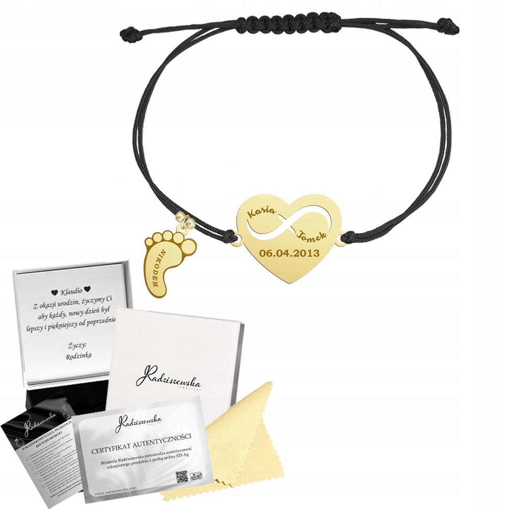 Zlatý náramek Jméno dítěte Noha Srdce Dárek pro ženu 925 Gravírování
