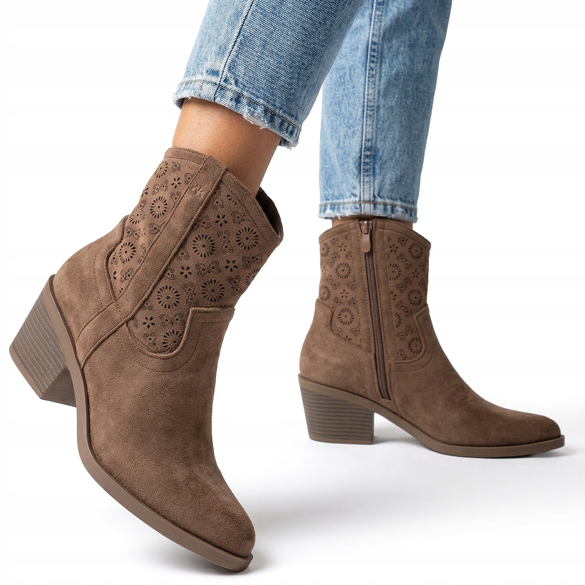 Dámské kotníkové boty kovbojské boty Semišové na kostce Ažurové hnědé taupe Wojtyłko 38