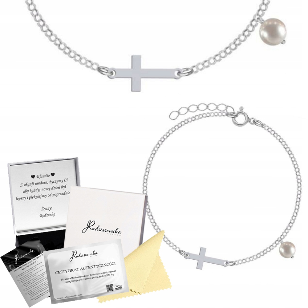 Stříbrný náramek Křížek Perla Stříbro 925 Narozeniny Přání Bonus