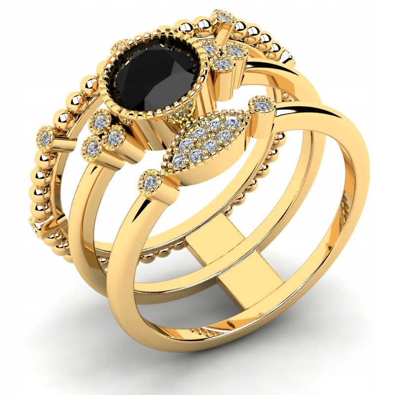 

Pierścionek Złoty Trzyrzędowy Z Czarną Cyrkonią