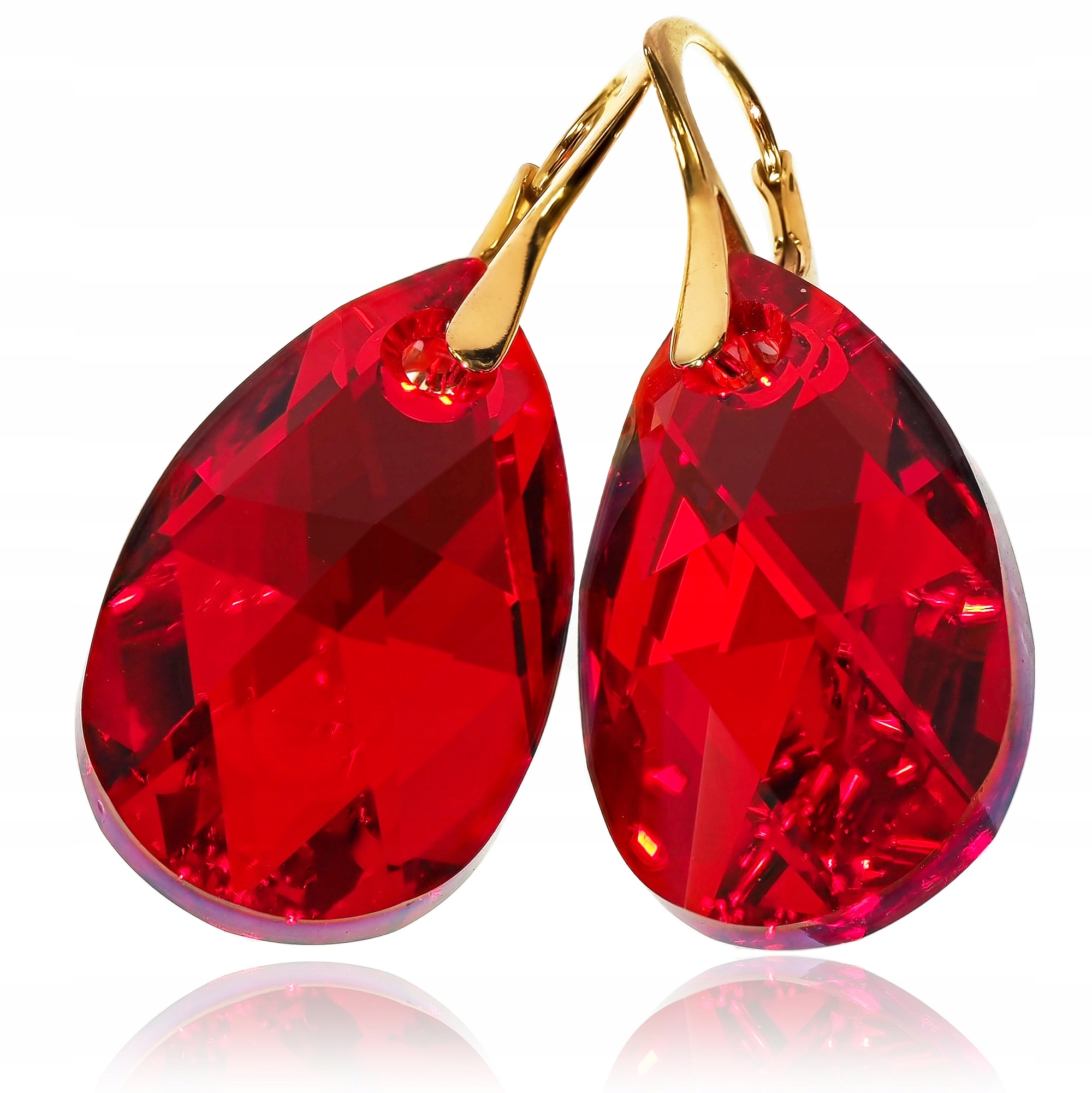 Velké Červené Krystaly Náušnice Siam Gold 28 mm Zlaté Stříbro