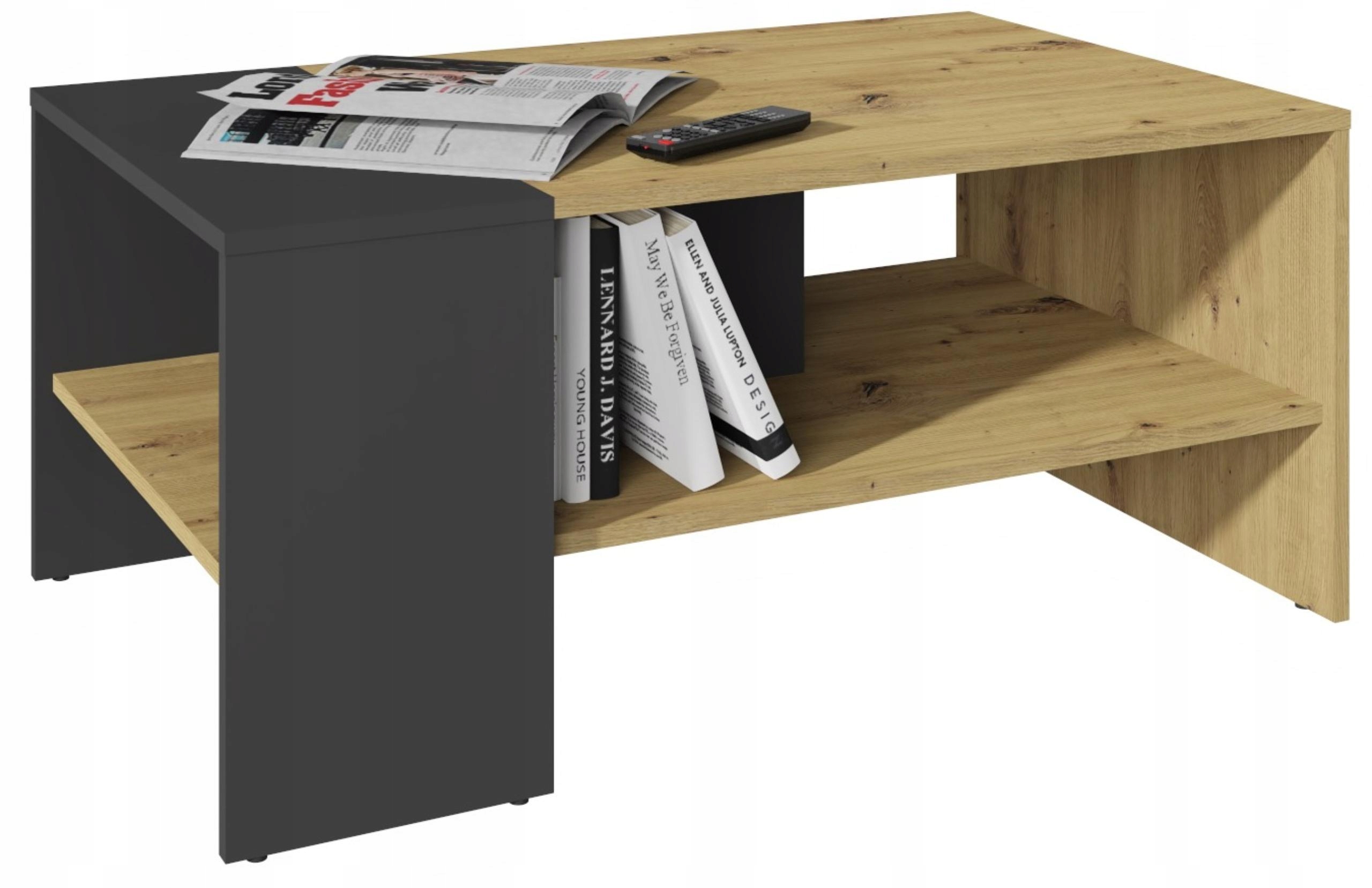 Lavica Strap dub wotan-čierna s priestrannou poličkou konferenčný stolík 100 cm loft retro