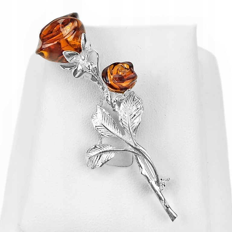 Stříbrná Růže brož Růžička z baltského Jantaru vyřezávaná ze Stříbra 925