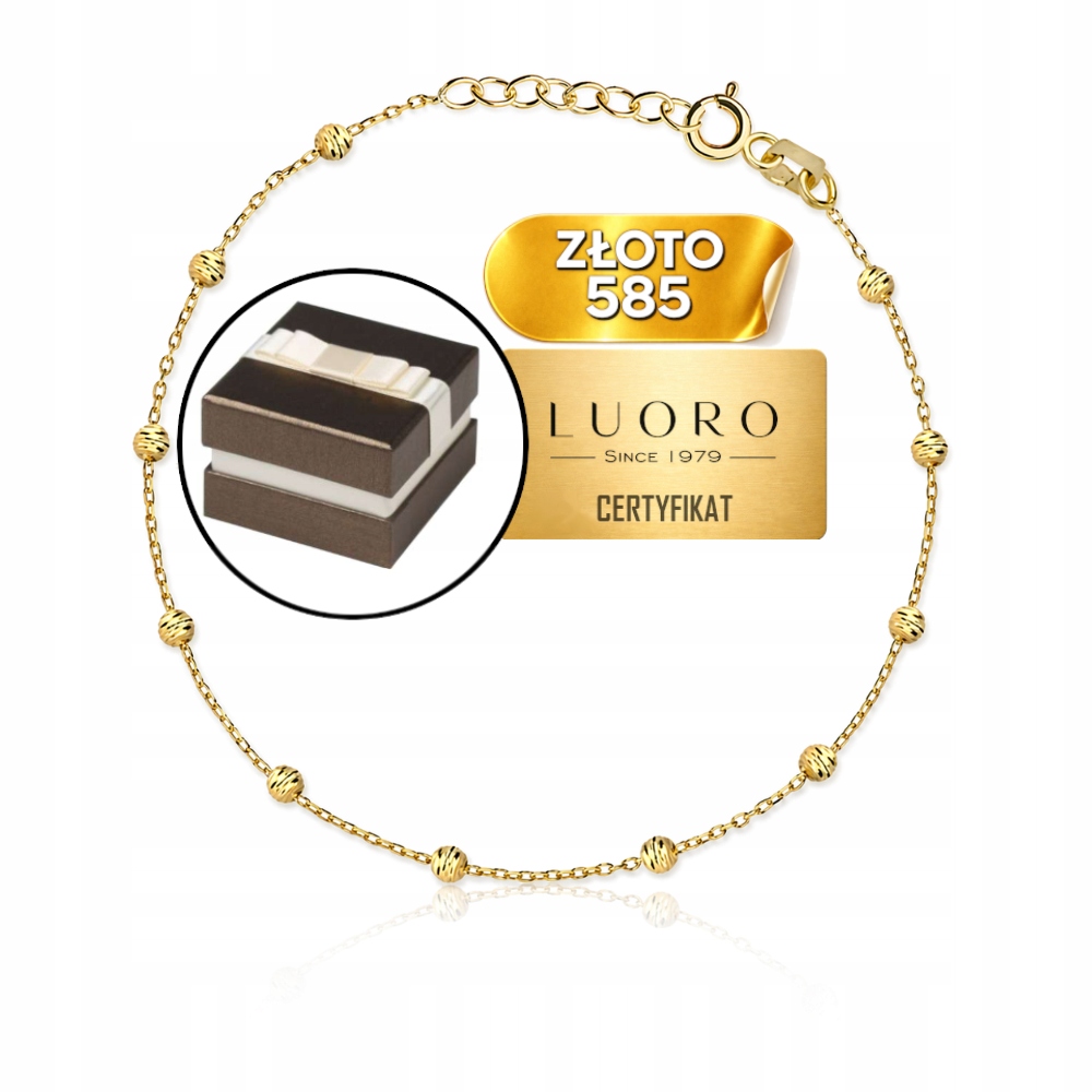 Náramek Zlatý 585 14K Diamantové Kuličky 17-19 CM Jemně Nastavitelný
