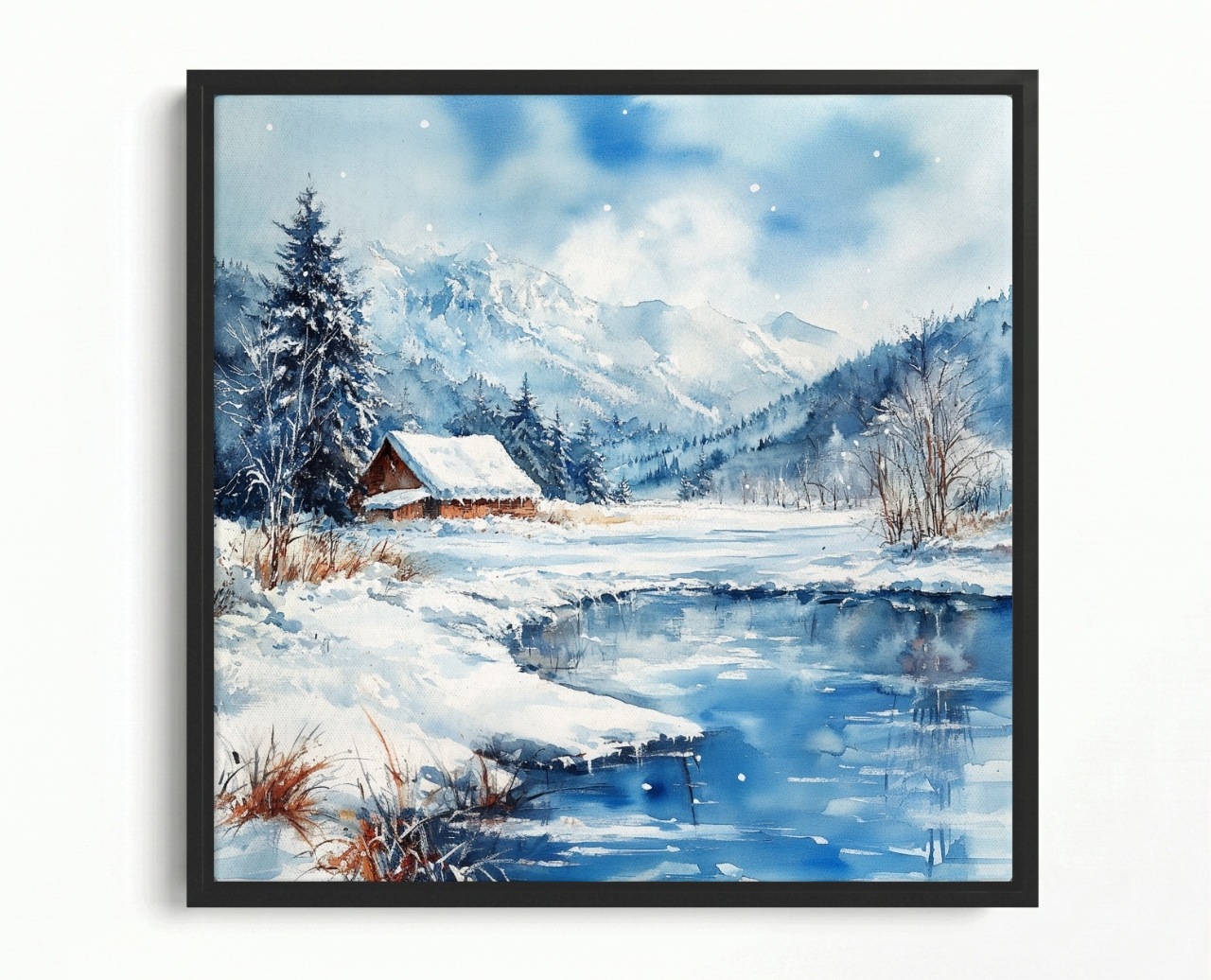 Obraz Rám Americká Krajina Hory Rybník Dům Zima Sníh 60x60