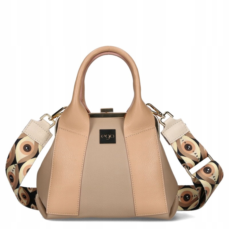 Ego Oboustranná Dámská Kabelka Kufřík Přes Rameno, Přírodní Kůže, Béžové Logo
