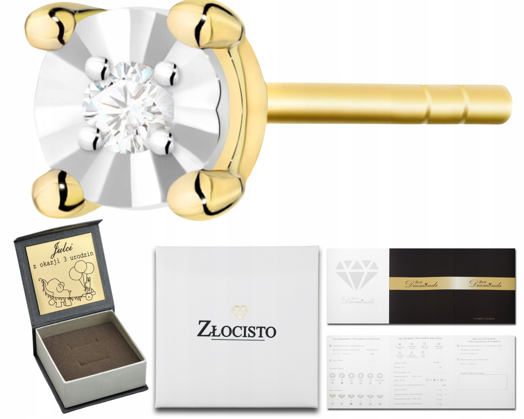 Zlatý Náušnicový Jednoduchý Náušnicový Náušnice S Diamantem Briliant 1 Kus Helix Dárek Gravírování