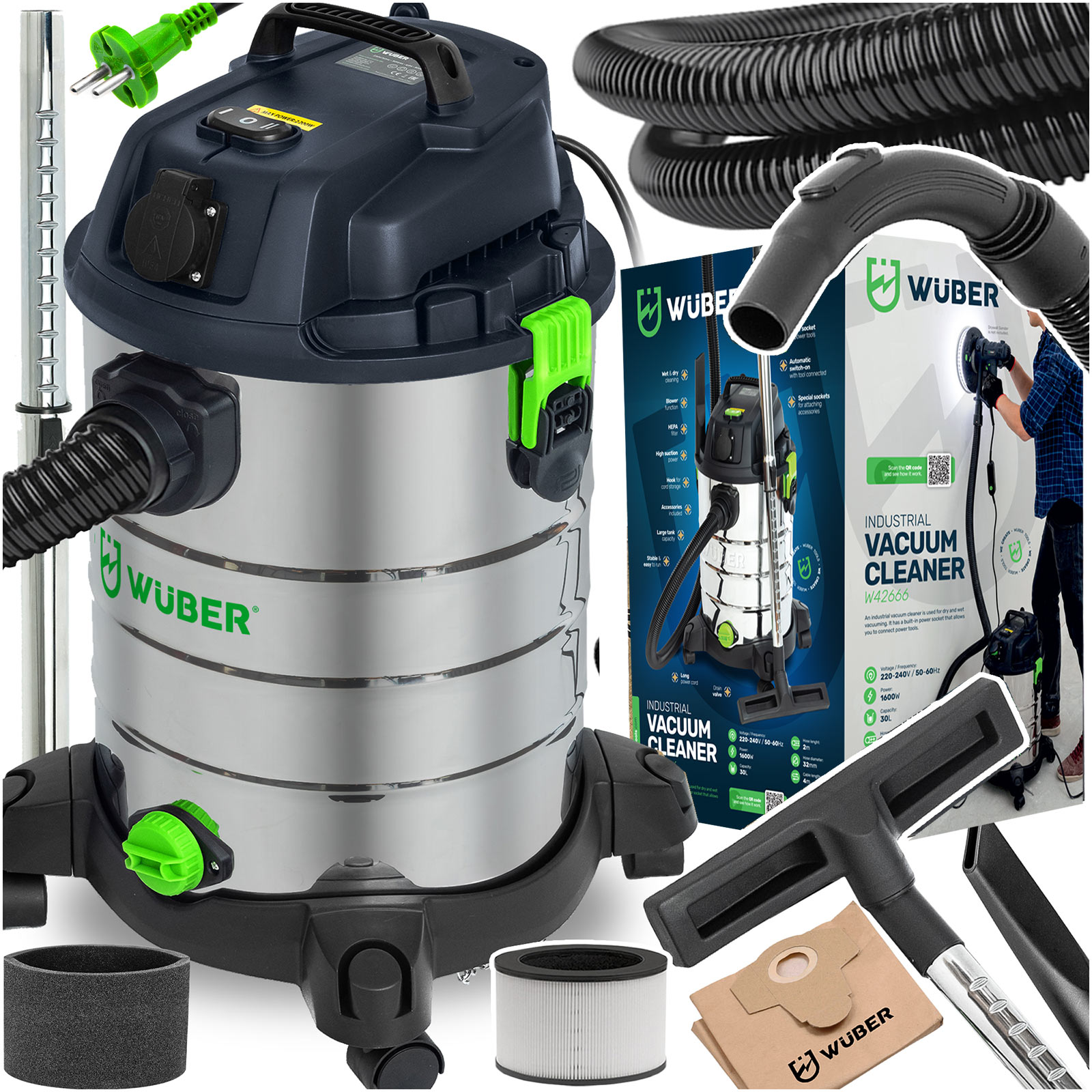 Odkurzacz Przemysłowy Warsztatowy Mokro Sucho Hepa Popiół Gips Mocny 1600W