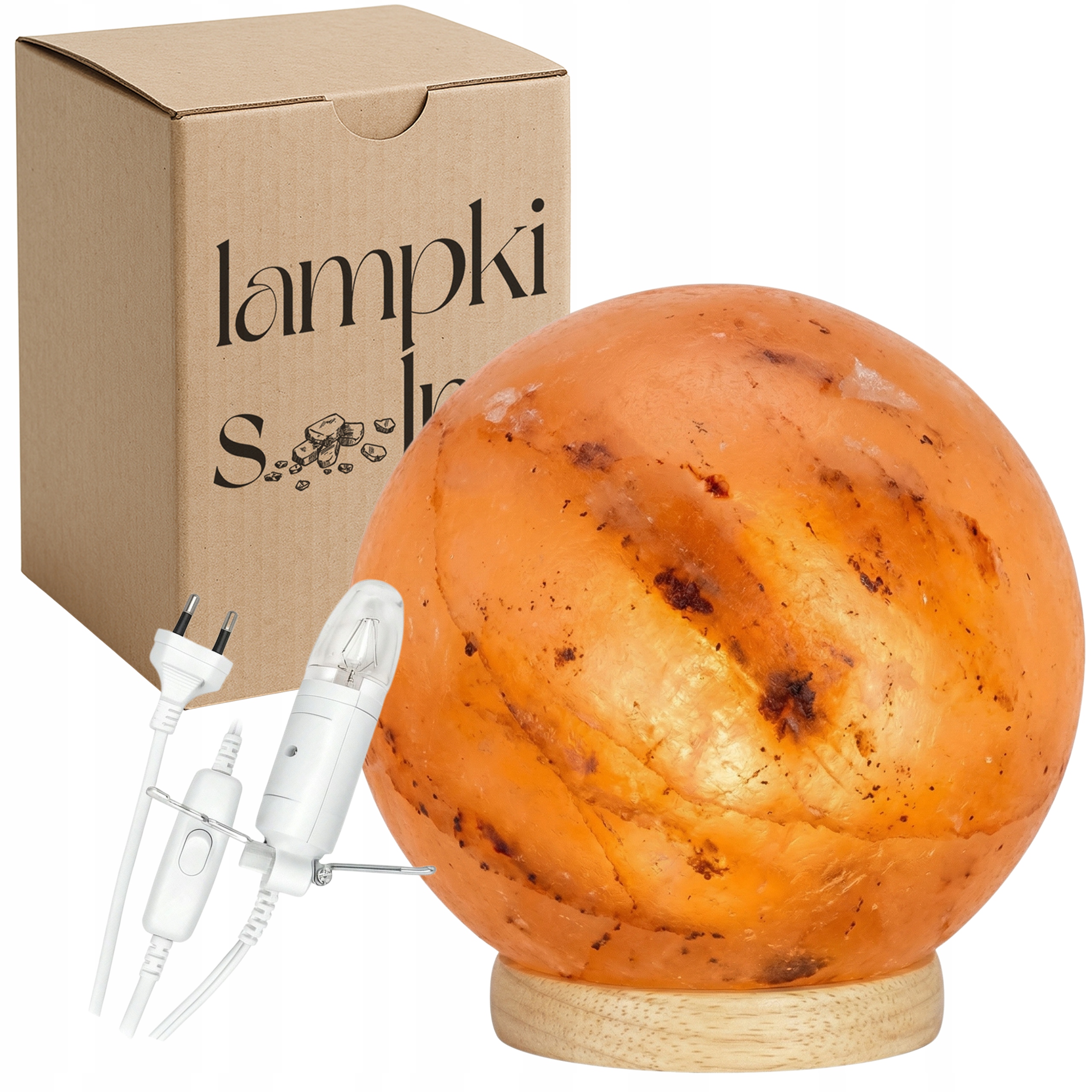 Solná lampa Polska 3-4 kg na světlém Bukovém podstavci, koule, ionizátor Moon