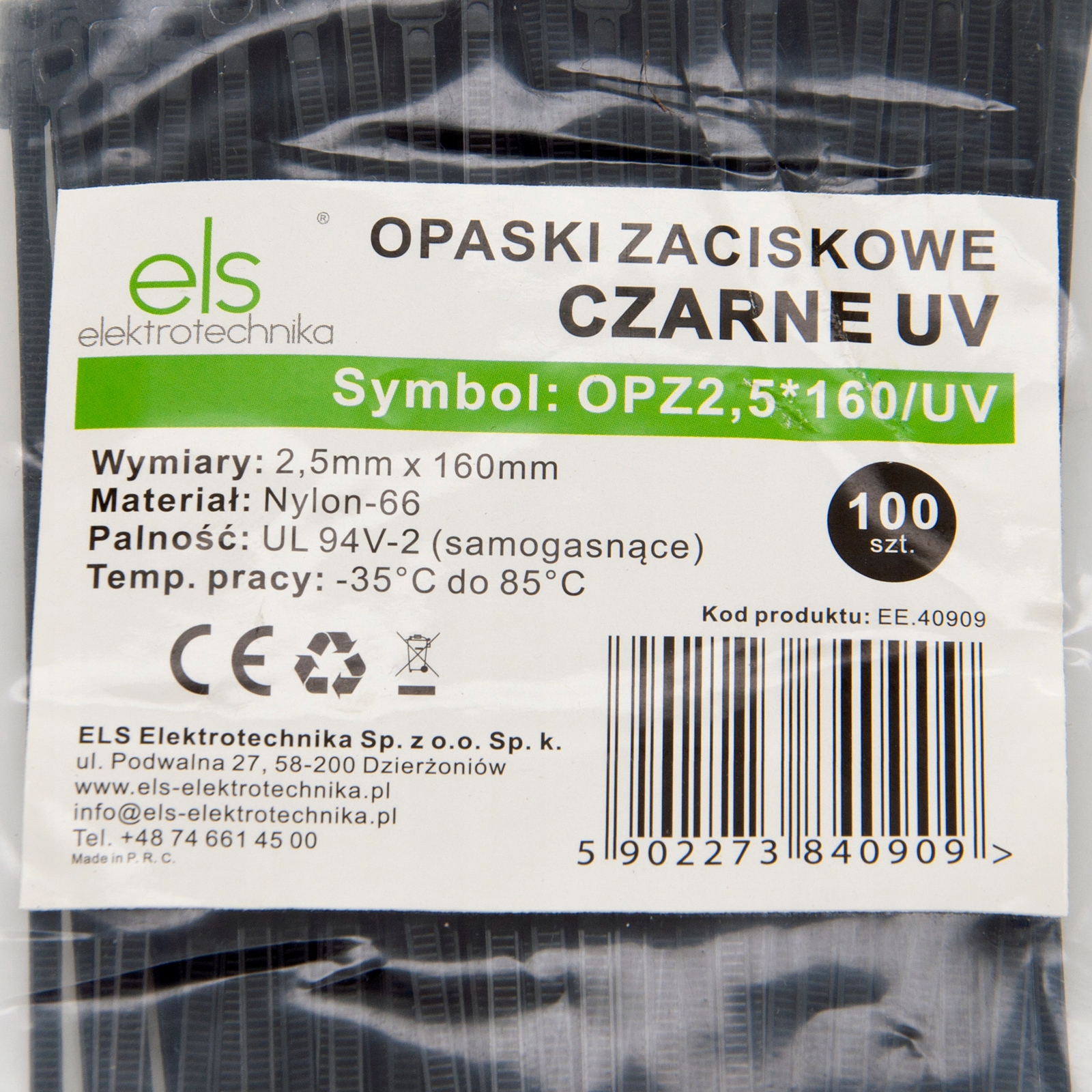 OPASKI KABLOWE PLASTIKOWE CZARNE 2,5x160 100szt TRYTYTKI TRYTKI DŁUGIE UV Długość 160 mm