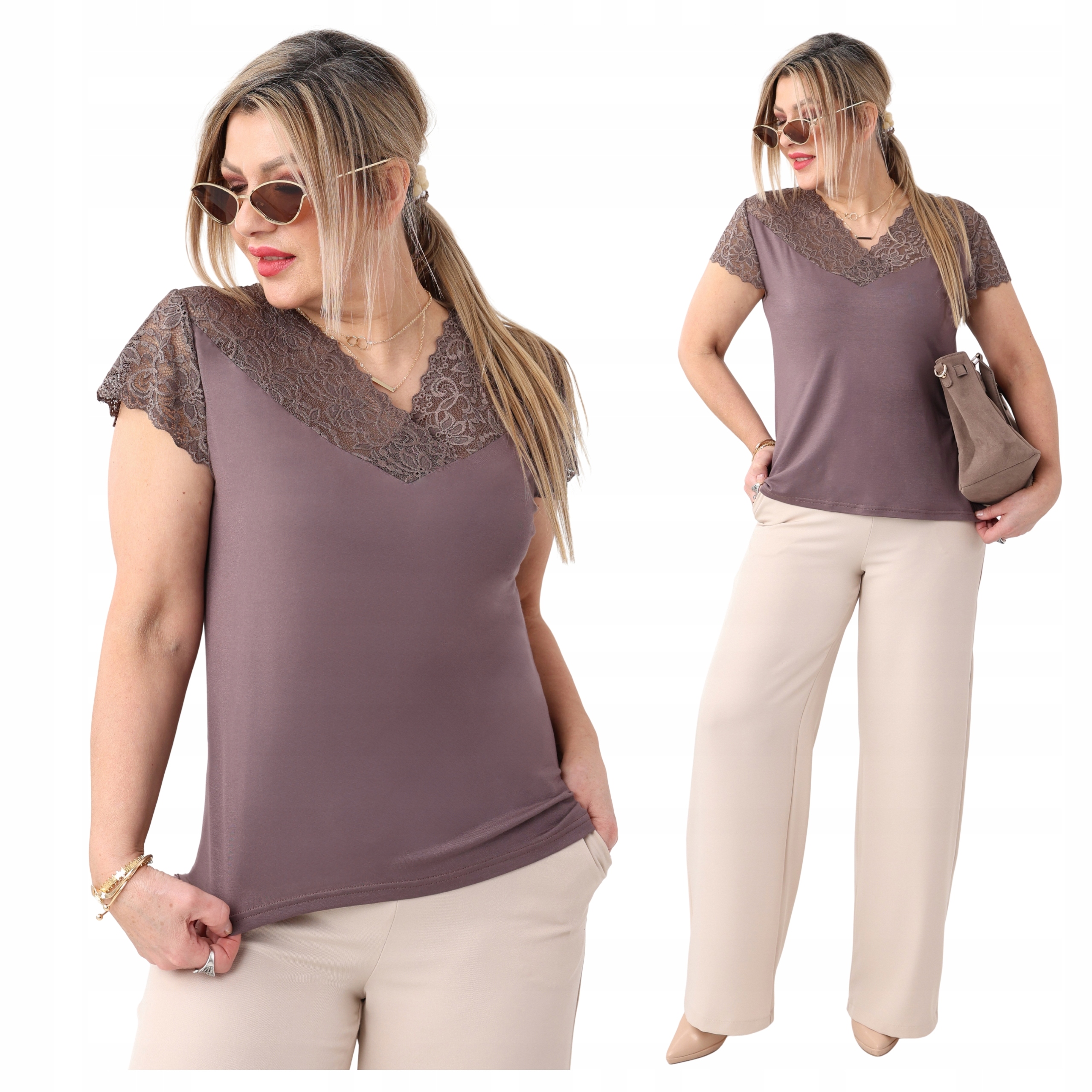 Bluzka Z Koronką Damska Elastyczna Duże Rozmiary Króki Rękaw