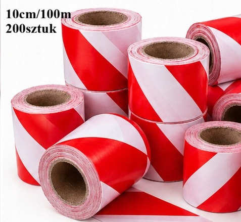 Taśma Ostrzegawcza folia biało czerwona 10cm 100m Szeroka 200szt zestaw