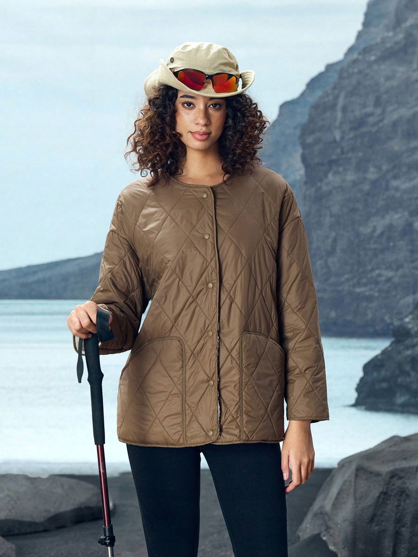 Prošívaná Oboustranná Přechodová Bunda Oversize Zateplená Hnědá Shein L