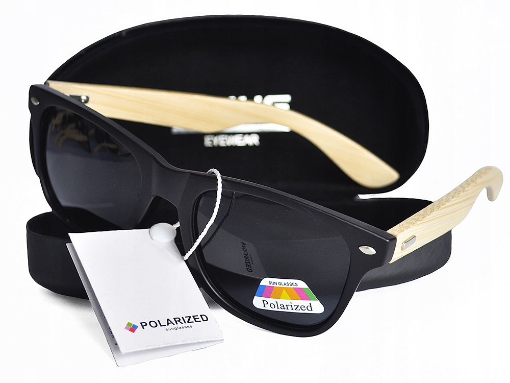 OKULARY DREWNIANE BAMBUSOWE POLARYZACYJNE LUSTRZANKI ETUI UV400 Fason nerdy