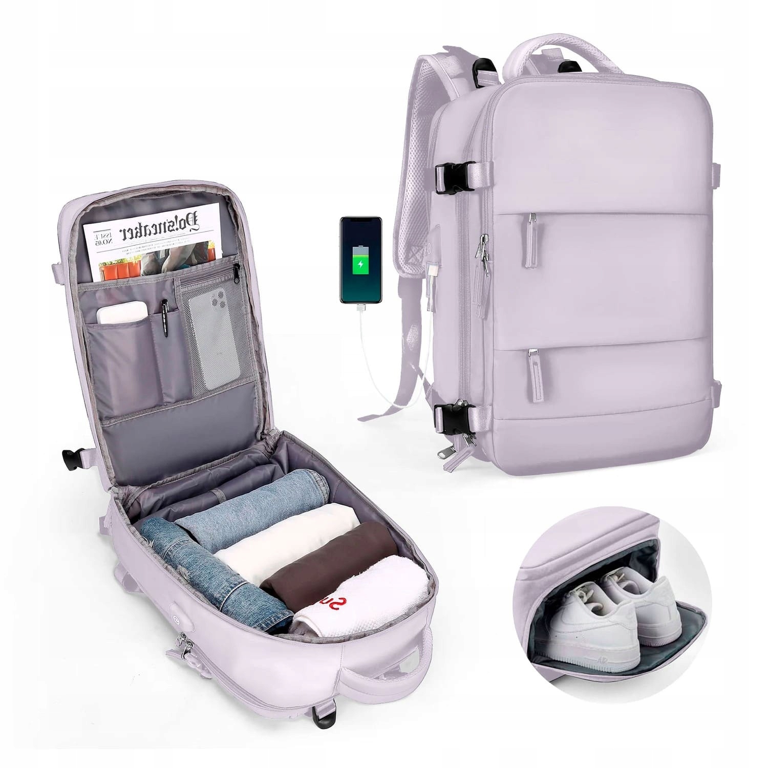 Plecak podróżny do samolotu 40x30x20 Bagaż podręczny z przegrodą na buty