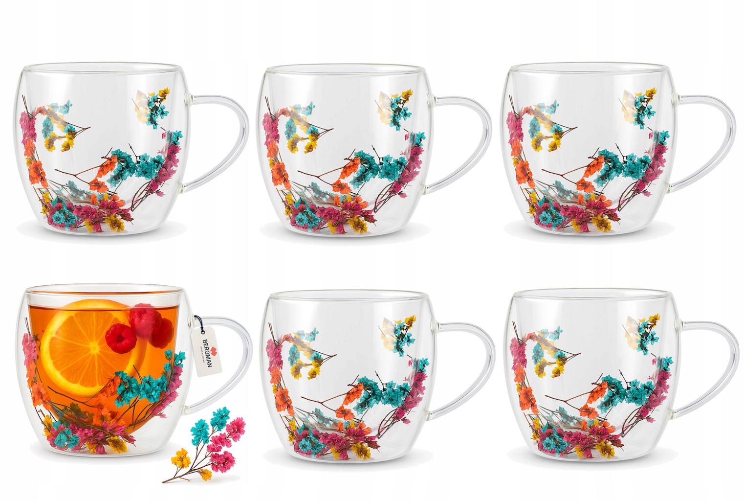 6x Szklanki Termiczne Do Kawy Latte Herbaty Kwiaty Z Podwójnym Dnem 250 ml
