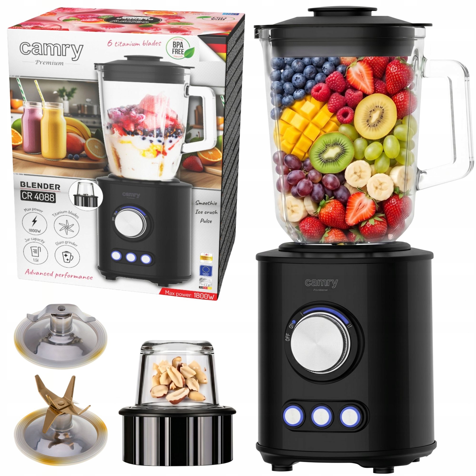 Stolní mixér se skleněnou nádobou 2v1 1.5L 1800W drtí led Titanové čepele Mlýnek