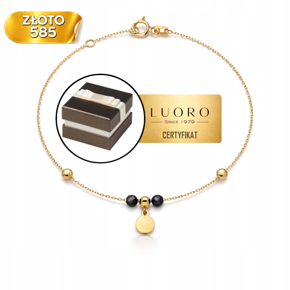 Náramek Zlatý 585 14K Kolečko Kuličky Žluté Černé 16,5 CM Nastavitelný