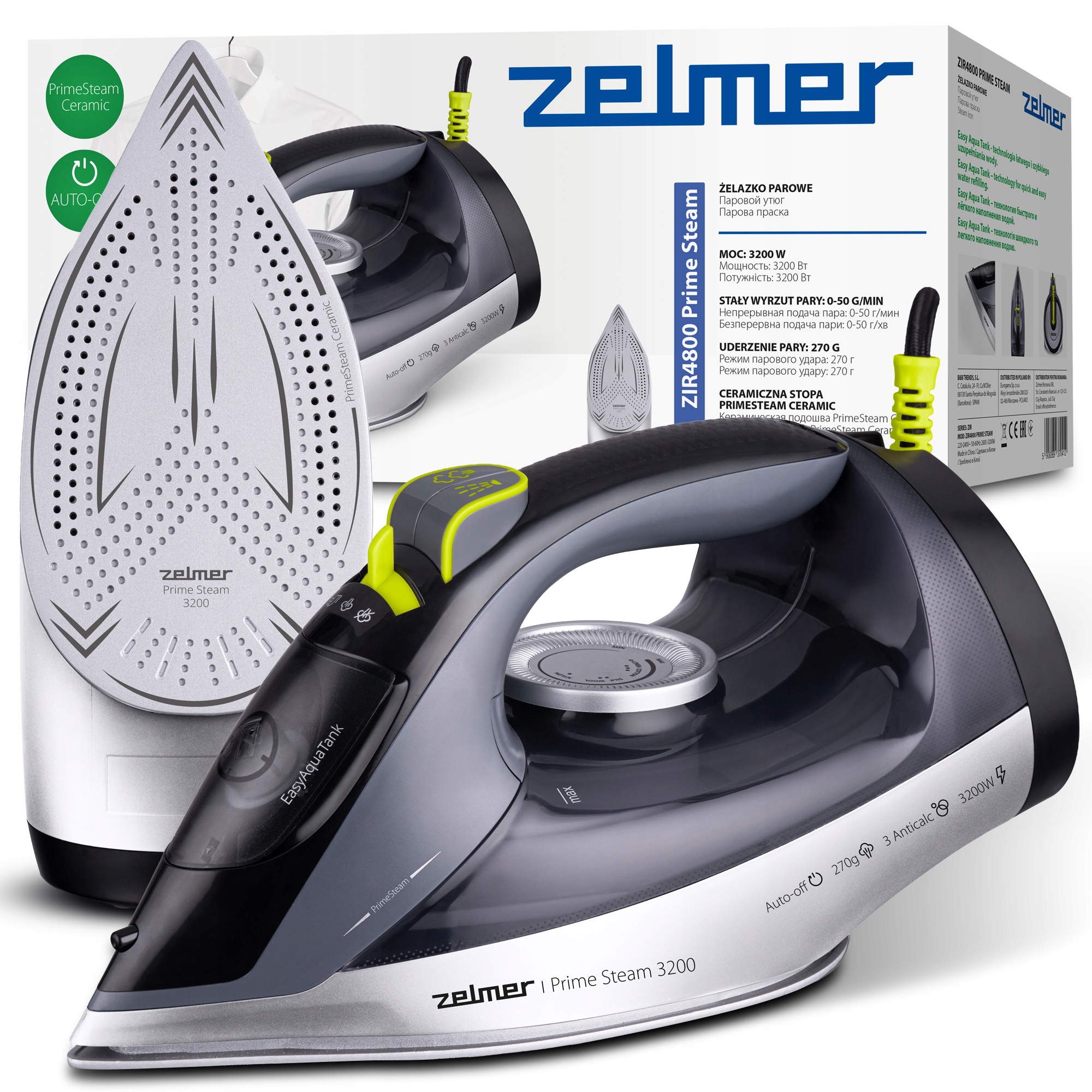 Żelazko Parowe Zelmer Ceramiczne 270G/MIN Auto-off Anticalc 350ML 3200W