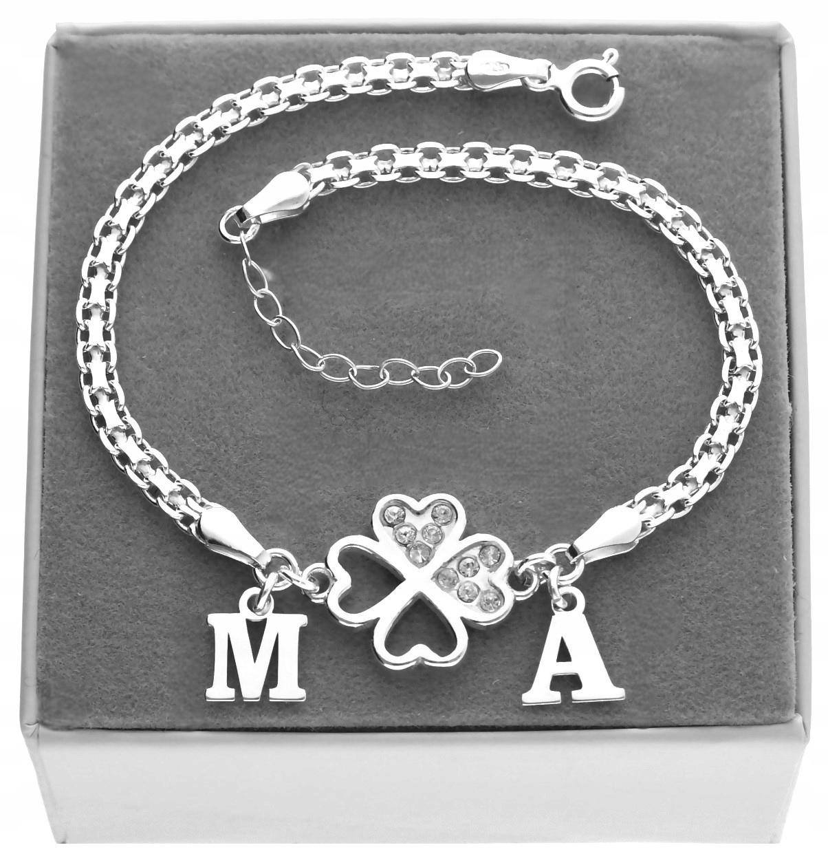 Stříbrný náramek čtyřlístek libovolné Písmenko dvě písmenka Stříbro 925